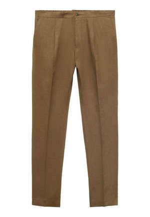 Brown linen trousers with a tailored fit, featuring a flat front, two side pockets, and a single button closure at the waist.