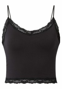 Zwarte cami-top met dunne bandjes, met een kanten rand bij de halslijn en onderrand. Gemaakt van een gladde, rekbare stof.