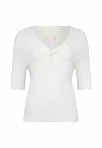 Top bianco a coste con scollo a V e dettaglio a torsione sul davanti, con maniche corte e una finitura liscia e strutturata.