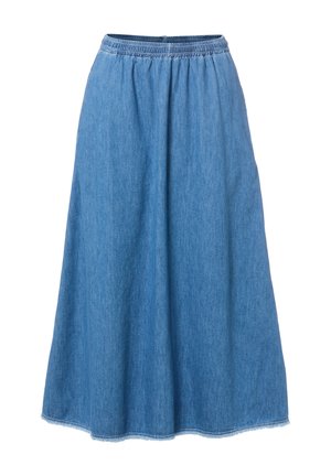 Blauwe spijkerbroek A-lijn rok met elastische tailleband en ruwe zoom, knielengte, eenvoudig ontwerp zonder zakken of versieringen.