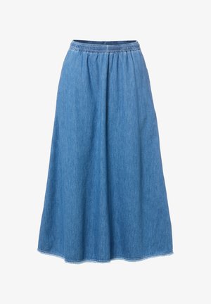 Blue denim A-line skirt with elastic waistband and raw hem, knee-length, simple design without pockets or embellishments.