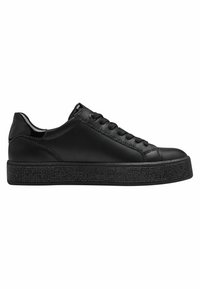 Sneaker in pelle nera con tomaia liscia e punta arrotondata, dotate di una suola piatta nera lucida e testurizzata e di un design classico con lacci.