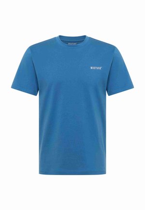 Blue men's short-sleeve crew neck t-shirt with small white "MUSTANG" logo on left chest.