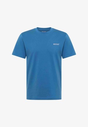 Blaues Herren-T-Shirt mit kurzem Ärmel und Rundhalsausschnitt, mit kleinem weißem "MUSTANG"-Logo auf der linken Brust.