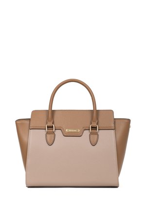 Brown and beige leather handbag with structured design, dual top handles, gold hardware accents, and a flat base for stability.