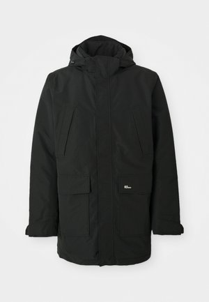 Black outerwear jacket, made of smooth fabric, featuring a hood, two front pockets, and a small logo on the left pocket.