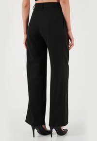Black wide-leg trousers made of smooth fabric, featuring a high waist and side pockets, paired with black high-heeled shoes.
