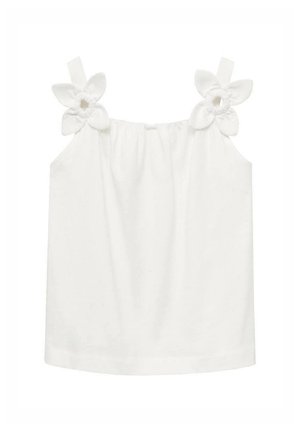 Haut sans manches blanc avec col élastiqué, comportant deux accents en forme de fleurs sur les bretelles. Matériau en coton doux avec une texture lisse.