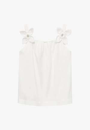 Haut sans manches blanc avec col élastiqué, comportant deux accents en forme de fleurs sur les bretelles. Matériau en coton doux avec une texture lisse.