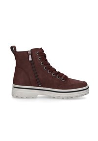 Burgunderfarbene Ankle Boots aus synthetischem Material mit einem seitlichen Reißverschluss, runder Zehenpartie, Schnürung an der Vorderseite und weißer Gummisohle mit schwarzen Akzenten.