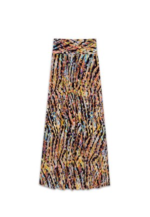 Falda maxi con base negra y patrones abstractos multicolores. Elaborada en una tela ligera, cuenta con una cintura ceñida y una silueta fluida.