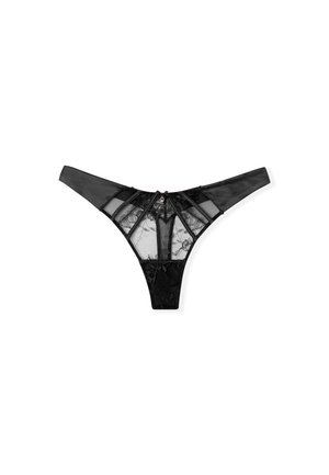 Tanga negro de malla transparente y encaje, con un lazo en la parte trasera y un patrón floral en todo su diseño, con tiras delgadas.