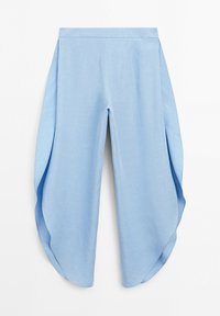 Light blue wide-leg pants with draped, rounded outer side panels and a high waist, displayed on a plain white background.