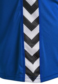Blå idrottströja med en perforerad vit panel och svart chevronmönster längs sidan. Slät tyg med kontrasterande sömmar.