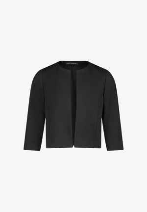 Sort kort jakke med åben front, trekvartlange ærmer og rund halsudskæring.