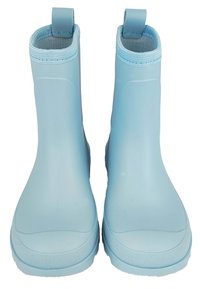 Lichtblauwe waterdichte rubberen laarzen met een gladde textuur, enkelhoogte en trekbandjes bovenaan voor gemakkelijk aan- en uittrekken. Loopzolen met profiel voor grip.
