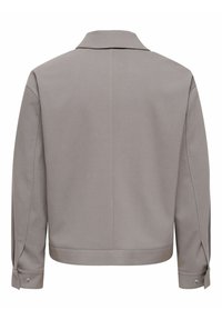 Hellgraue Jacke mit langen Ärmeln, einem Kragen, geknöpften Manschetten und einem geraden Saum, von hinten gezeigt.