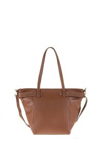 Sac fourre-tout en cuir marron avec deux poignées, fermeture à glissière et bandoulière amovible. Texture lisse avec de subtils détails de couture.