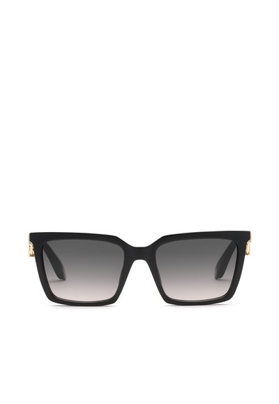 Lunettes de soleil carrées noires surdimensionnées avec verres gris dégradés et subtils accents dorés sur les branches.