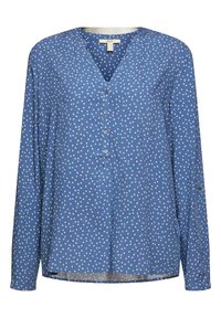 Blusa blu a maniche lunghe realizzata in tessuto morbido, con scollo a V, chiusura con bottoni e pois bianchi disposti in un motivo sparso.