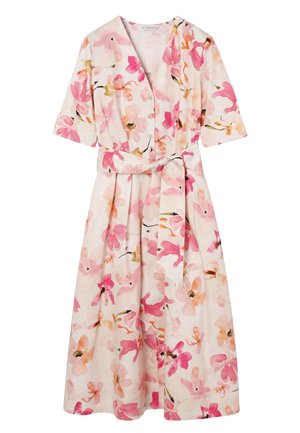Lichtgekleurde midi-jurk met roze en oranje bloemenprint, V-hals, korte mouwen, knoopsluiting aan de voorkant en tailleceintuur.