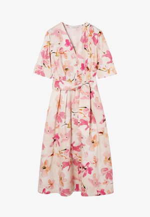 Lichtgekleurde midi-jurk met roze en oranje bloemenprint, V-hals, korte mouwen, knoopsluiting aan de voorkant en tailleceintuur.