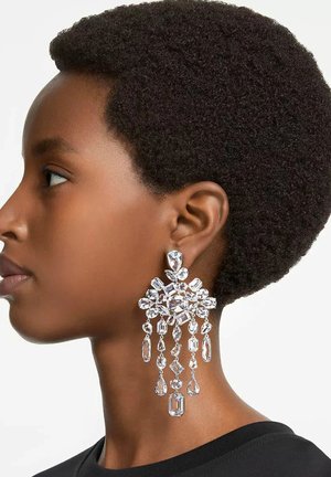 Boucles d'oreilles chandelier cristallines présentant diverses formes, notamment des gouttes d'eau et des ovales, avec des accents argentés élaborés et un design suspendu.