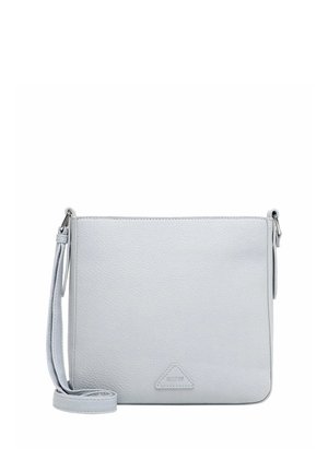 Light gray rectangular crossbody bag with textured surface, zipper closure, adjustable strap, and small triangular logo patch on front.