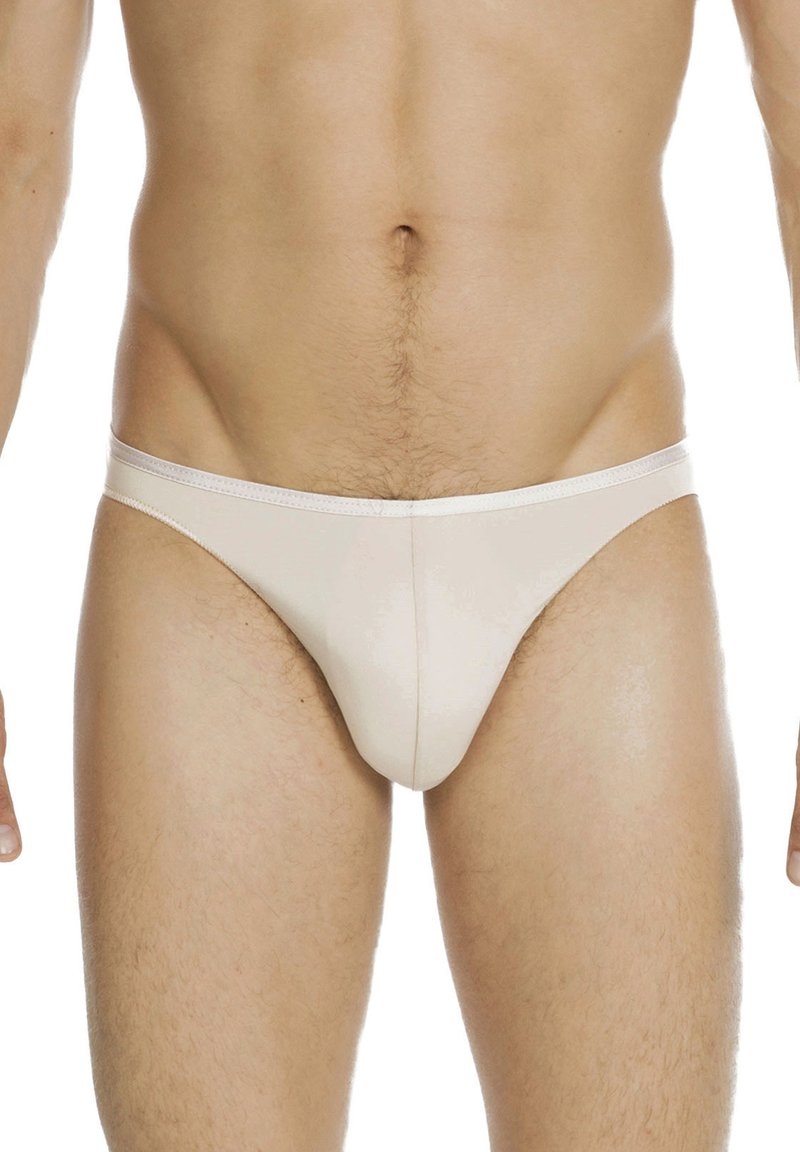 Beige Herrenunterhosen aus einem glatten, dehnbaren Stoff. Sie verfügen über einen schmalen Bund und minimalen Schnitt mit einem konturierten Beutel-Design.