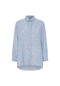 Light blue and white striped button-up shirt with a collar, long sleeves, and a curved hem. Material appears woven and lightweight.