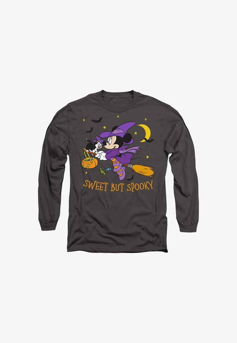 Black long-sleeve shirt with a cartoon mouse in a purple witch costume, flying on a broom with a cat and pumpkin, stars, bats, moon, and text "Sweet but spooky."