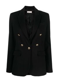 Blazer doppiopetto nero con bottoni dorati ornamentali, spalle strutturate, due tasche frontali e una fodera interna liscia.