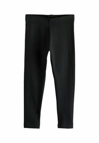 Leggings noirs en tissu lisse et extensible. Dotés d'une taille élastique et d'une longueur mi-mollet avec un design simple et dépouillé.