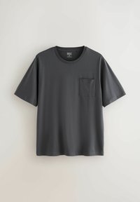 Dark gray short-sleeved t-shirt with a round neckline and a left chest pocket. Made from smooth, lightweight fabric. Minimal design.