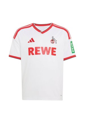 Hvid kortærmet fodboldtrøje med røde kanter, rød REWE-logo, 1. FC Köln-emblem, Adidas-logo og grøn DEVK-mærkat på ærmet.
