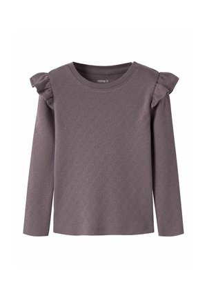 Chemise lavande à manches longues avec petits motifs en forme de cœur et détails froncés aux épaules, col rond et poignets simples.