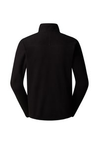 Giacca in pile nera a maniche lunghe con collo alto, cuciture posteriori visibili, mostrata da dietro su sfondo bianco.