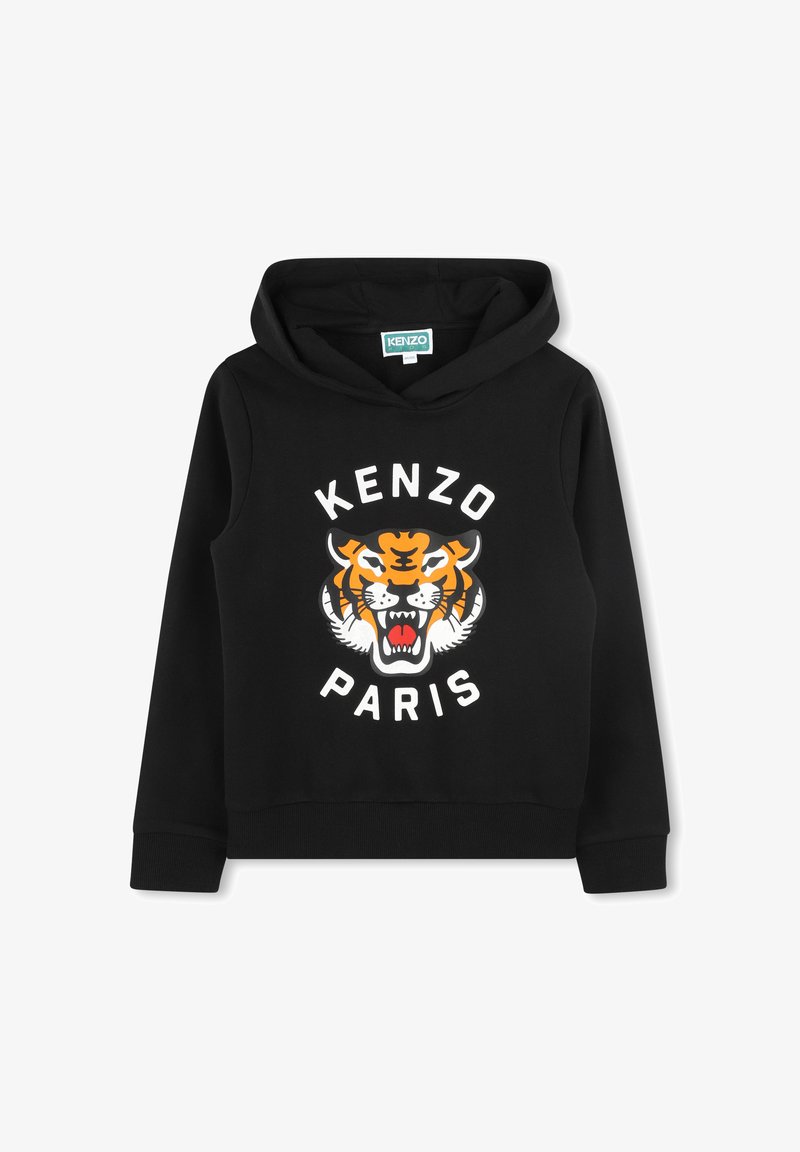 Haut à capuche noir avec un graphique d'un visage de tigre et le texte "KENZO PARIS" en blanc, orange et noir. Fabriqué en tissu doux.