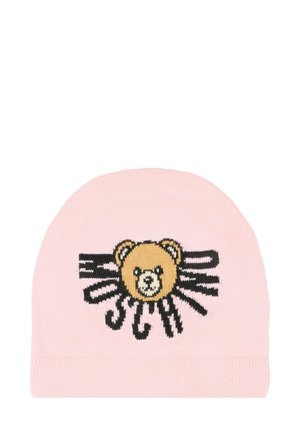 Cappello lavorato a maglia rosa con il volto di un orso, con linee nere che si irradiano verso l'esterno. Texture morbida e vestibilità aderente, adatto a diverse misure di testa.