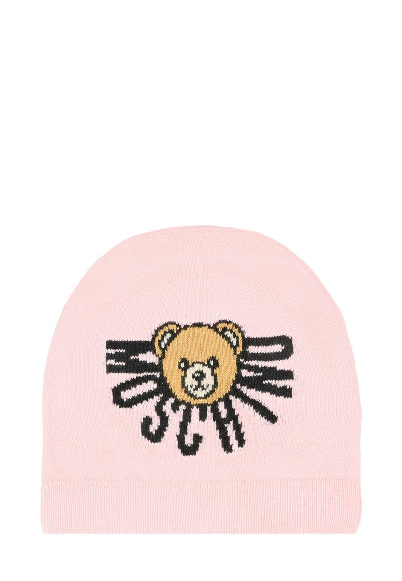 Różowy dzianinowy beret z motywem twarzy misia, z czarnymi liniami promieniującymi na zewnątrz. Miękka tekstura z dopasowaniem, odpowiedni dla różnych rozmiarów głowy.