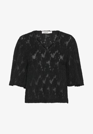 Czarna bluzka z dekoltem w serek, wykonana z teksturowanej tkaniny, z krótkimi rękawami i luźnym krojem, z subtelnym wzorem na materiale.