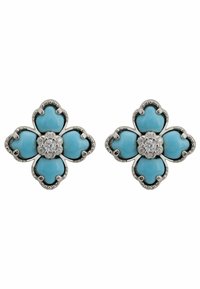 Orecchini a forma di fiore turchese con parti in metallo color argento, caratterizzati da petali stondati e un dettaglio centrale con strass. Ogni orecchino ha una finitura lucida.