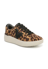Leopard-print sneakers with a textured upper, black leather accents, round toe, and a thick cream-colored sole with a zigzag pattern.