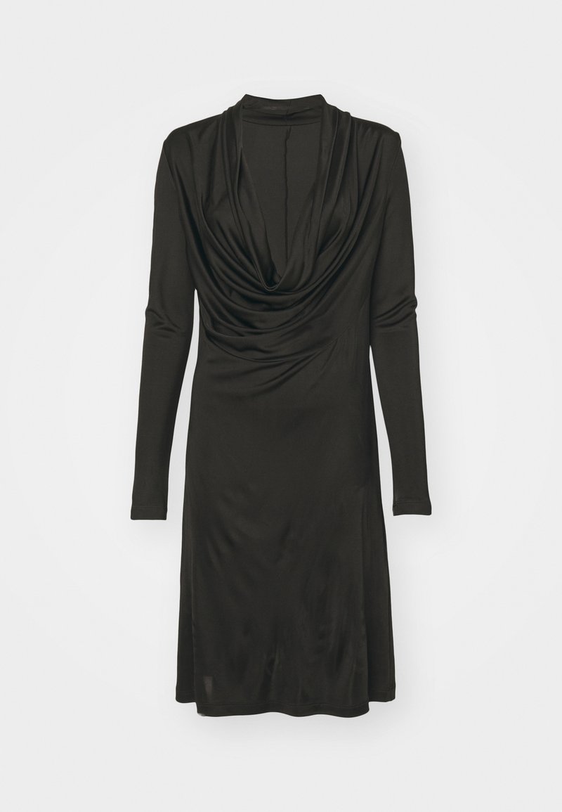 Black long-sleeve dress made of smooth fabric, featuring a draped cowl neckline and a fitted silhouette, finishing above the knees.