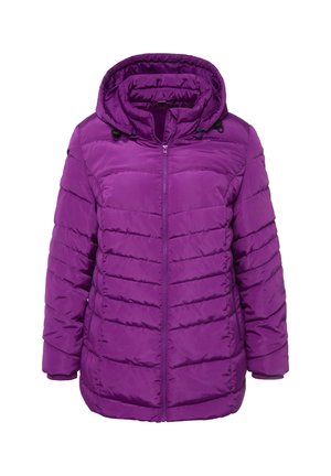 Giacca a vento viola con cappuccio, caratterizzata da un design a righe orizzontali, chiusura frontale con zip e lacci regolabili sul cappuccio.