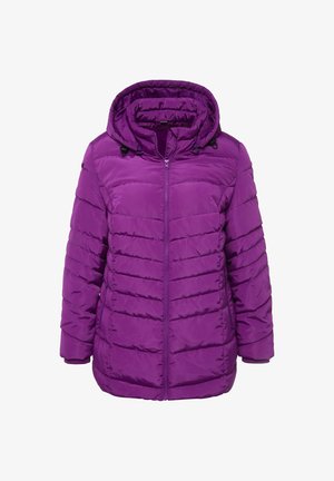 Paarse pufferjack met capuchon, voorzien van een horizontaal gestikte design, een sluiting met rits aan de voorkant en verstelbare koorden bij de capuchon.