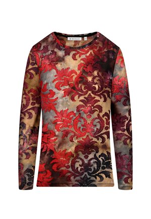 Langärmliges Oberteil mit einem Damastmuster in Rot, Schwarz und neutralen Farbtönen aus einem weichen Stoff und mit Rundhalsausschnitt.