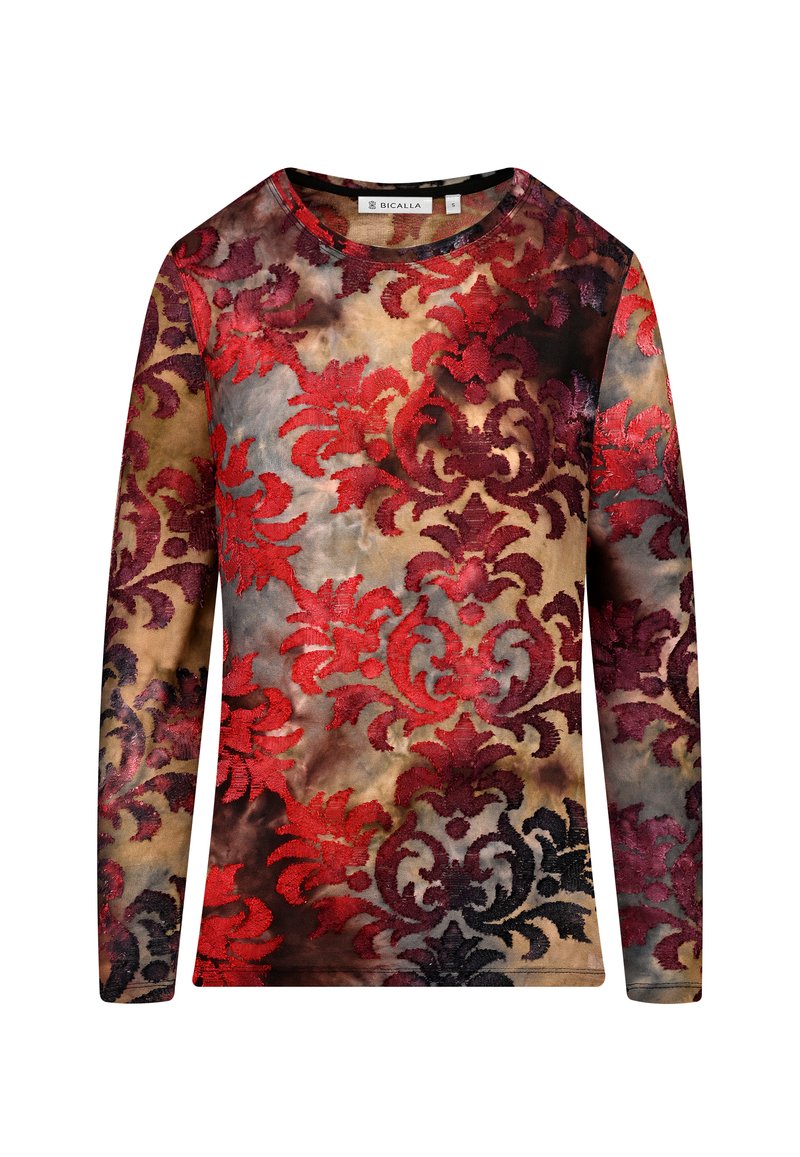 Langärmliges Oberteil mit einem Damastmuster in Rot, Schwarz und neutralen Farbtönen aus einem weichen Stoff und mit Rundhalsausschnitt.