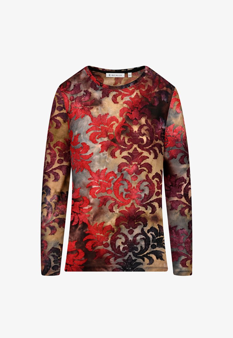 Langärmliges Oberteil mit einem Damastmuster in Rot, Schwarz und neutralen Farbtönen aus einem weichen Stoff und mit Rundhalsausschnitt.