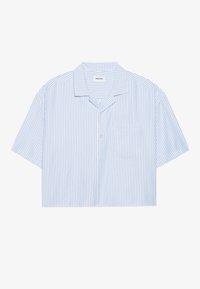 Camicia a maniche corte blu e bianca a righe con colletto classico, chiusura a bottoni e taschino sul petto. Tessuto leggero, vestibilità comoda.